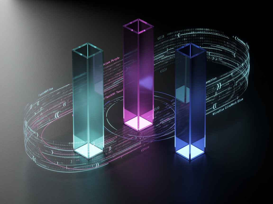 A technical comparison graphic of FastAPI, Prism, and WireMock logos with a high-tech dashboard background showing API performance metrics.
