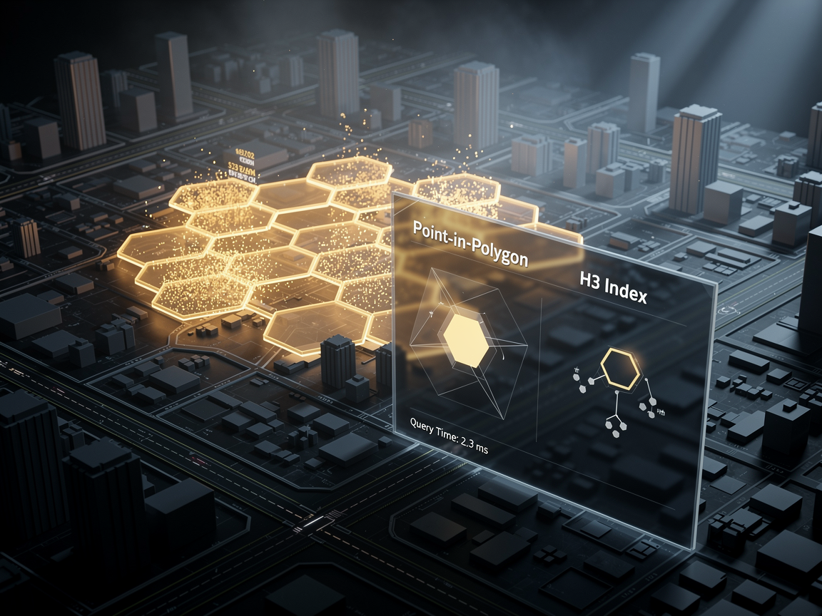 3D visualization of H3 hexagonal grid mapping vs traditional point-in-polygon spatial indexing for dealer networks