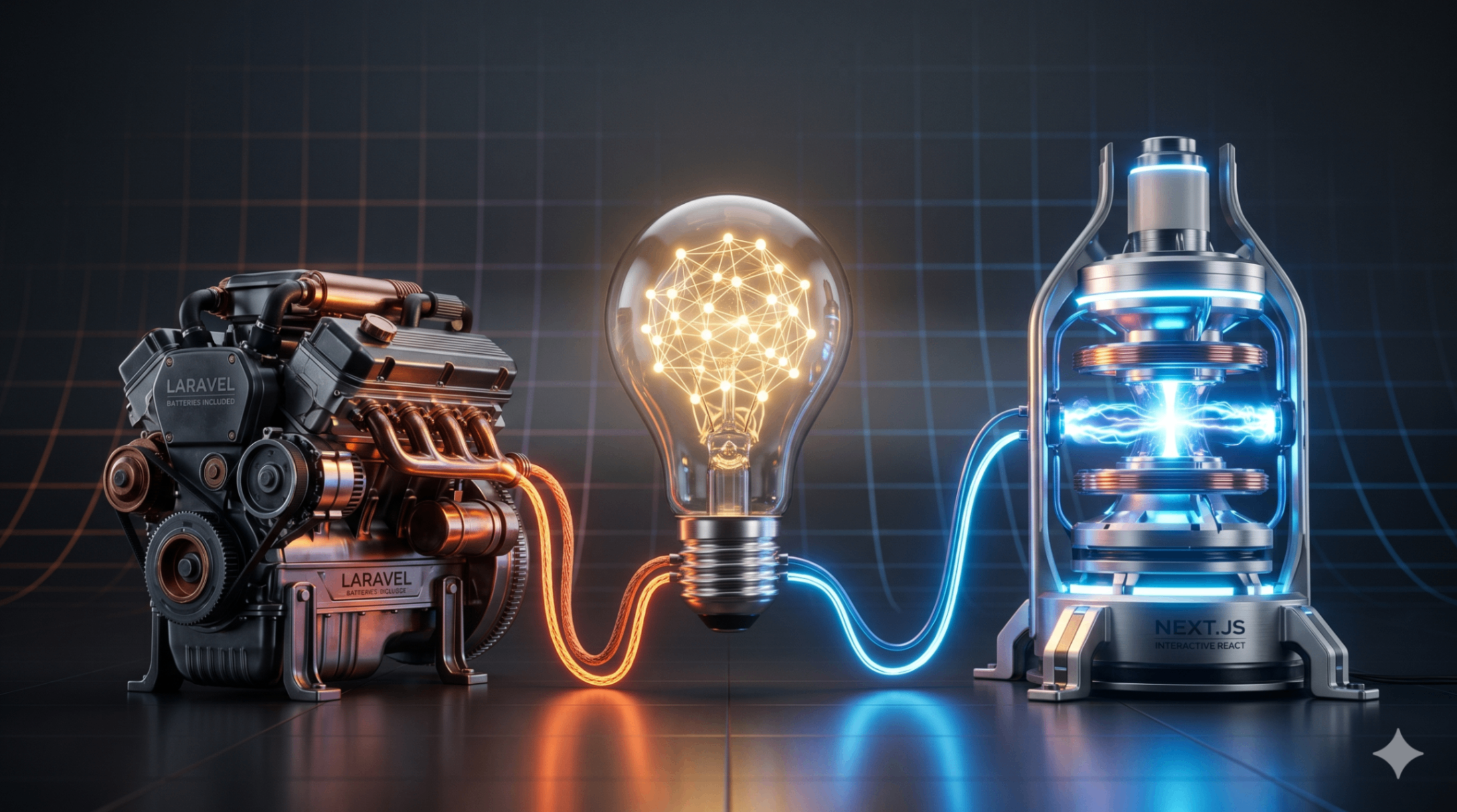 A 3D visualization of a Laravel engine and a Next.js quantum core powering a glowing lightbulb representing a web project.