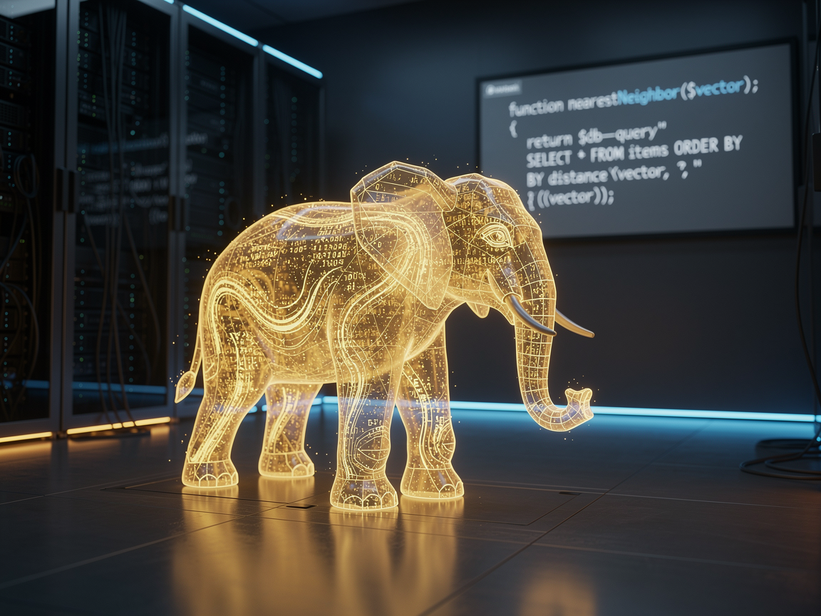 Visual representation of Laravel Eloquent performing native vector search using pgvector and AI embeddings