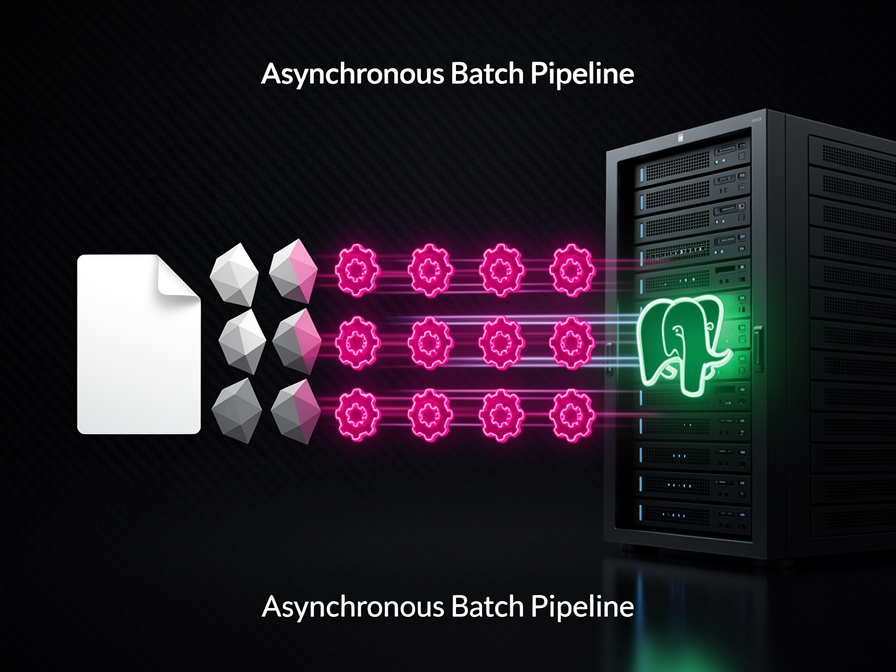 An infrastructure diagram showing a single document splitting into sequential batch jobs processed concurrently by background workers into a PostgreSQL database.
