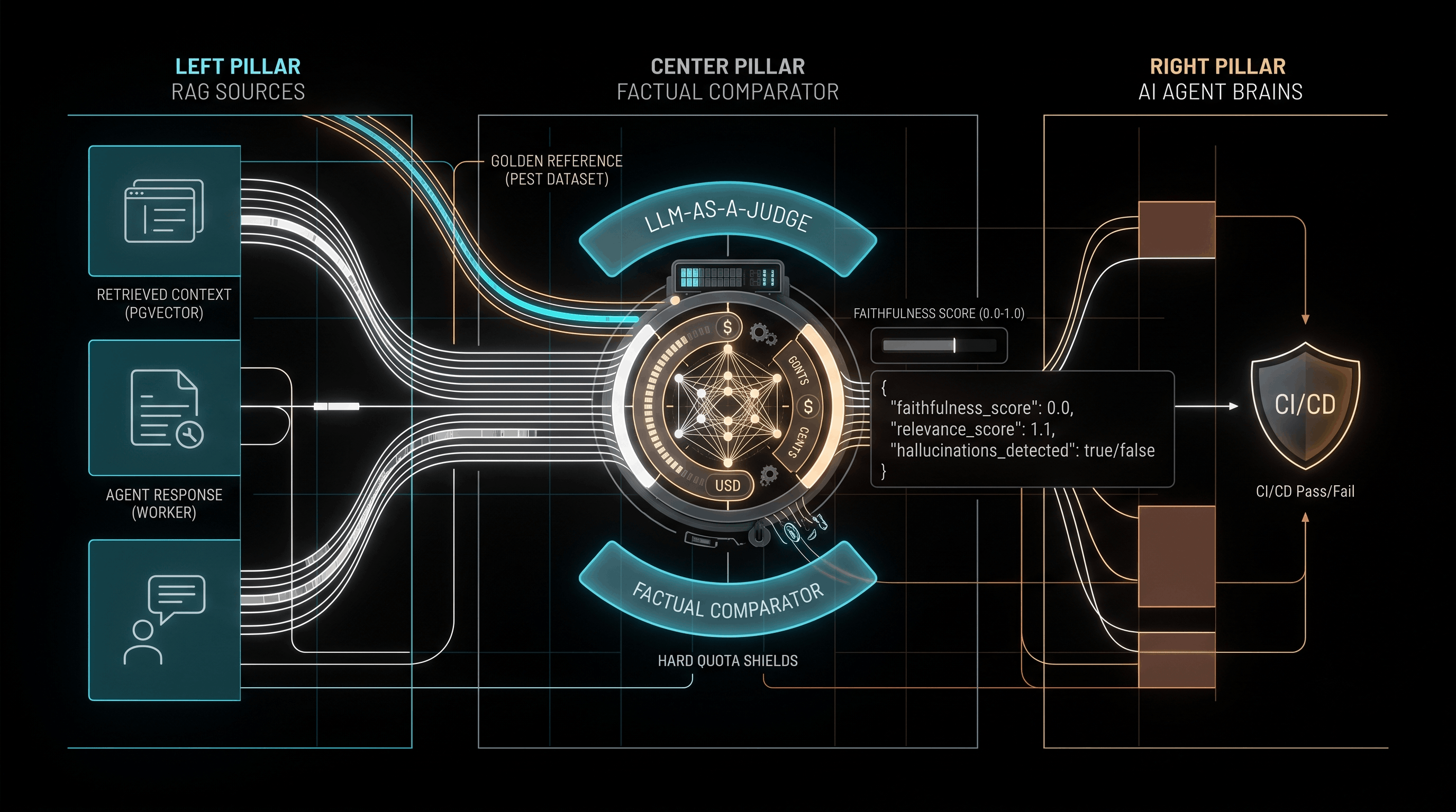 Minimalist technical diagram showing RAG sources like retrieved context and agent response flowing into a 'FACTUAL COMPARATOR'.