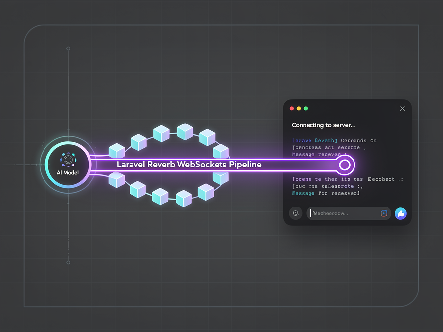 A high-fidelity layout map illustrating real-time tokens processing asynchronously from an AI SDK worker block into a Livewire component view.