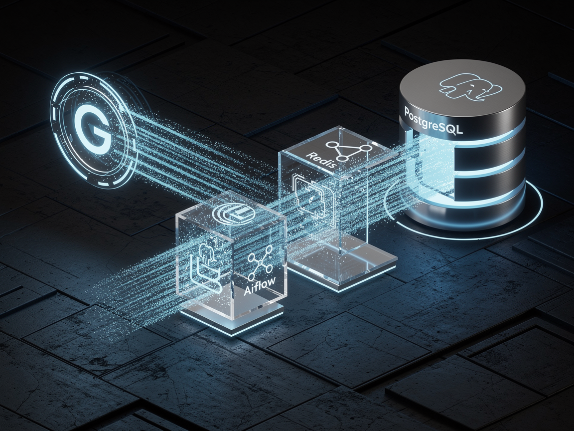 High-level system architecture diagram showing the data flow from Google Business Profile API through Redis and Airflow into a PostgreSQL database.