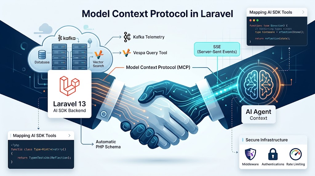 A high-contrast, minimalist architectural diagram showing a Laravel 13 server bridging data pipelines to an AI agent via the Model Context Protocol using Server-Sent Events.