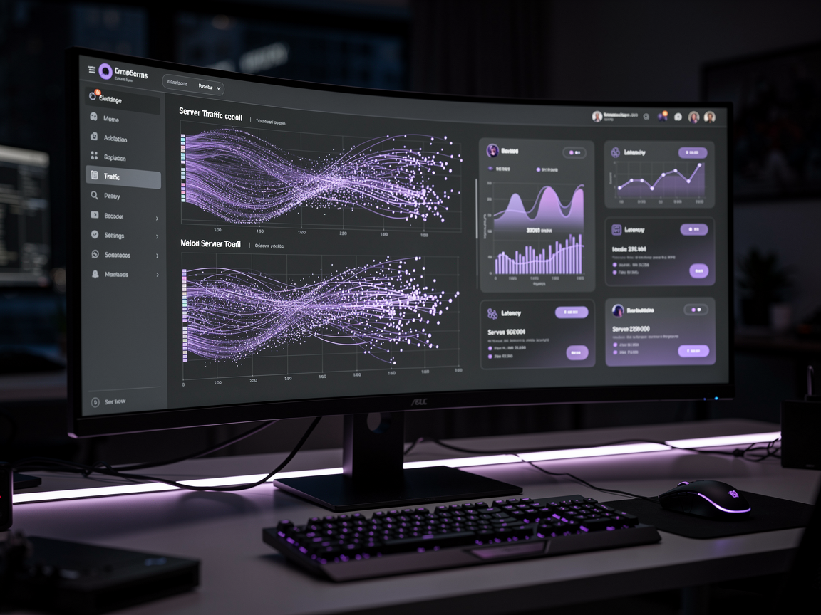 A glowing dark-mode UI admin control panel displaying real-time server traffic graphs and data streaming pipelines