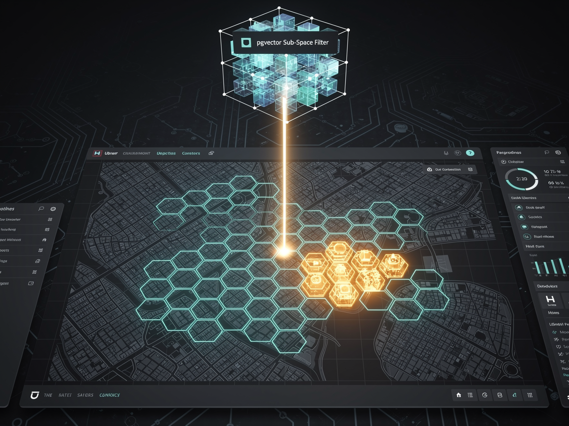 An engineering schematic showing a geographical map overlayed with sharp neon hexagons acting as pre-filters to narrow down vector space queries.