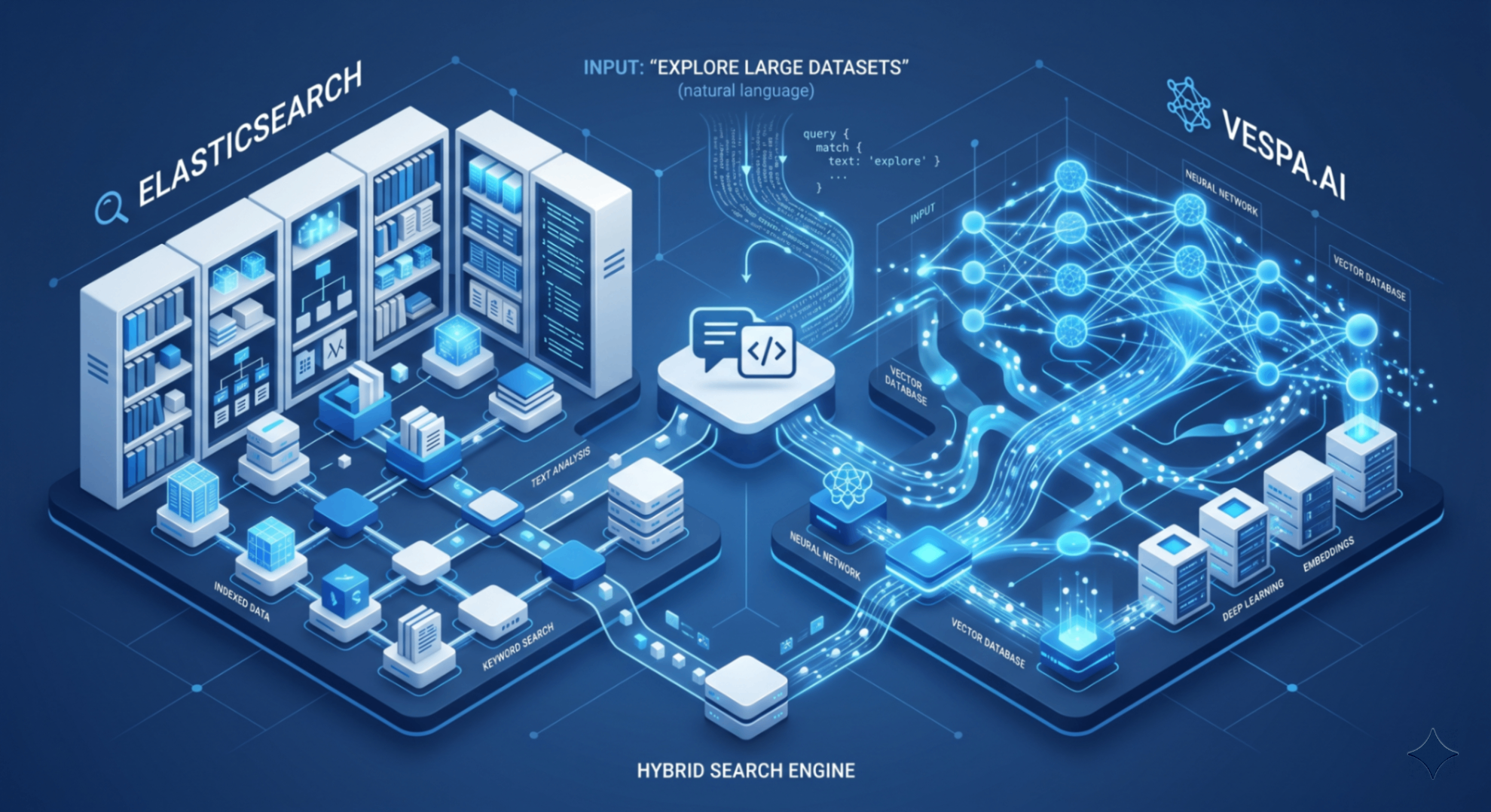 When you upload your generated image, use the alt text: "Vespa.ai vs Elasticsearch vector search architecture diagram.