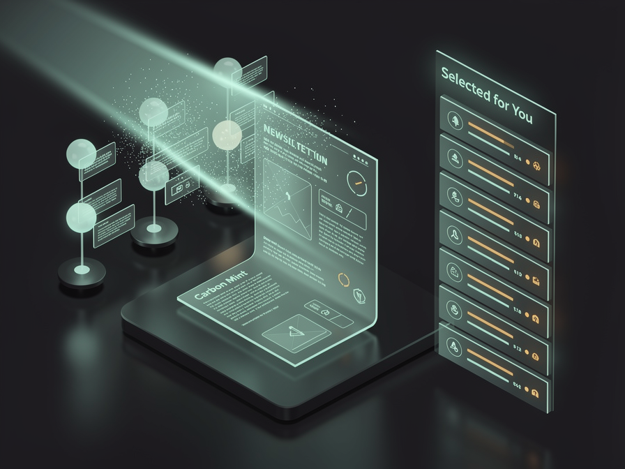 A digital visualization of an AI agent reading multiple technical articles and curating them into a clean, modern newsletter layout.