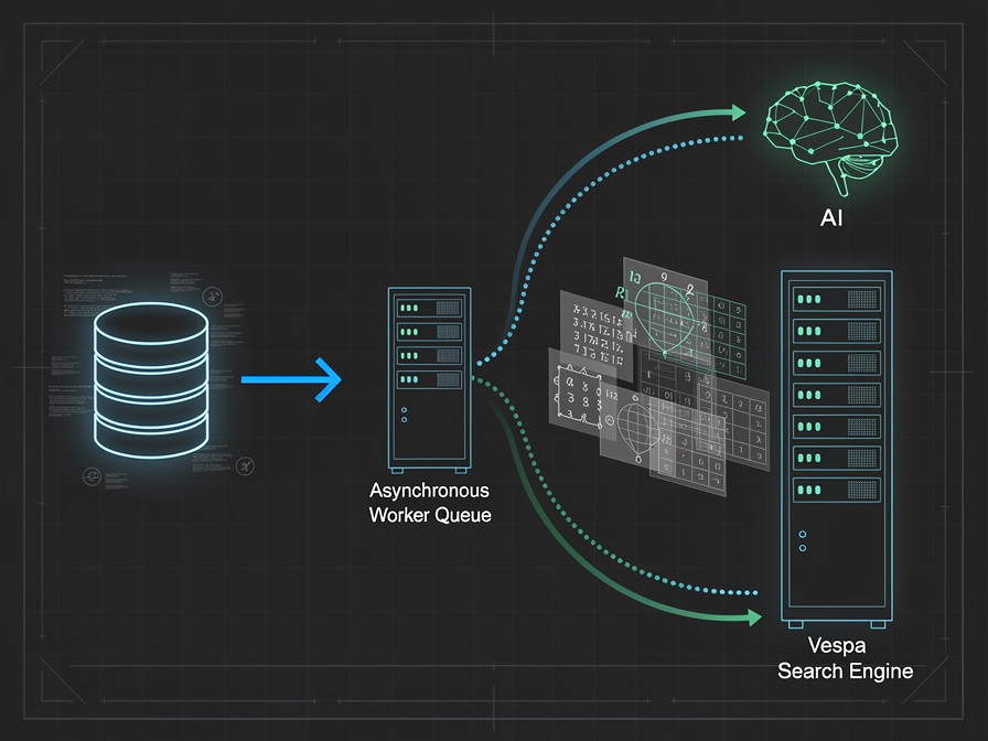 An enterprise architecture diagram showing decoupled data ingestion from an app database to a Vespa search cluster through a worker queue.