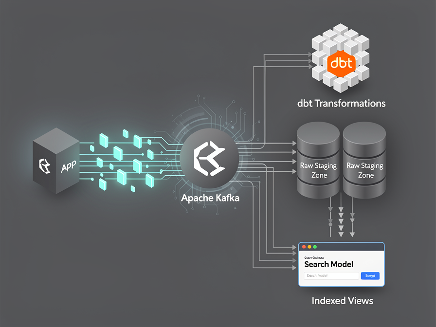 An infrastructure diagram illustrating data flowing from an app server to a Kafka topic, landing in a raw zone, and transforming via dbt into clean search models.