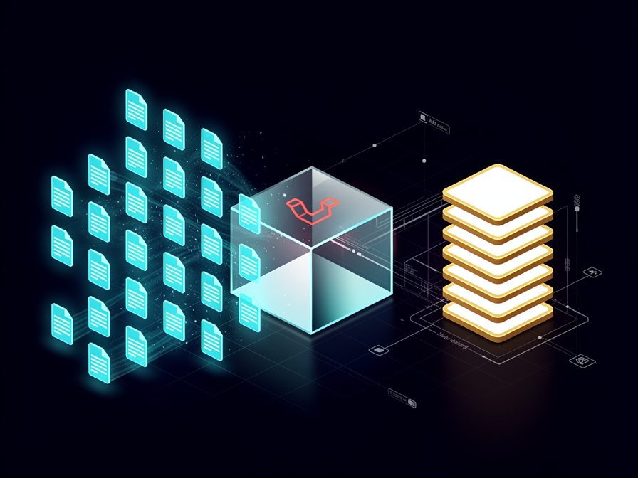 An architectural system layout diagram demonstrating 50 candidate records narrowing into a clean top-5 sorted selection via a Laravel AI Re-ranker block.