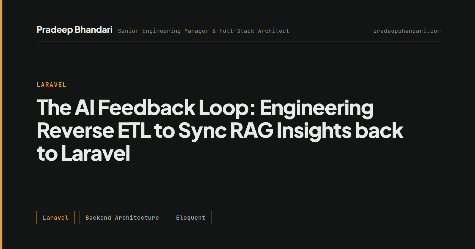 Branded cover card: The AI Feedback Loop: Engineering Reverse ETL to Sync RAG Insights back to Laravel