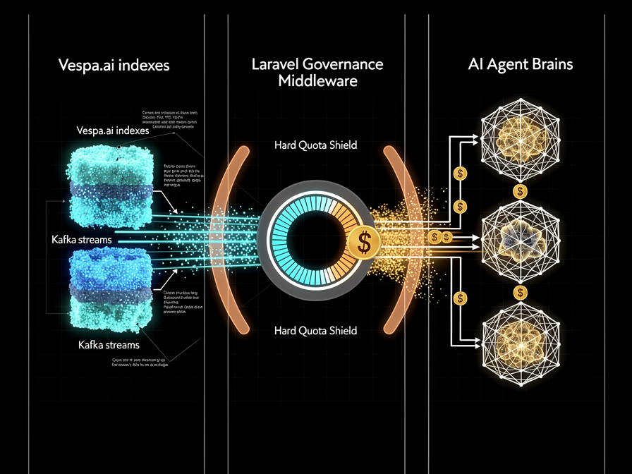 Technical diagram of Laravel AI cost governance showing data streams from Vespa and Kafka flowing through middleware that converts tokens into USD budget pools, protected by hard quota circuit breakers.