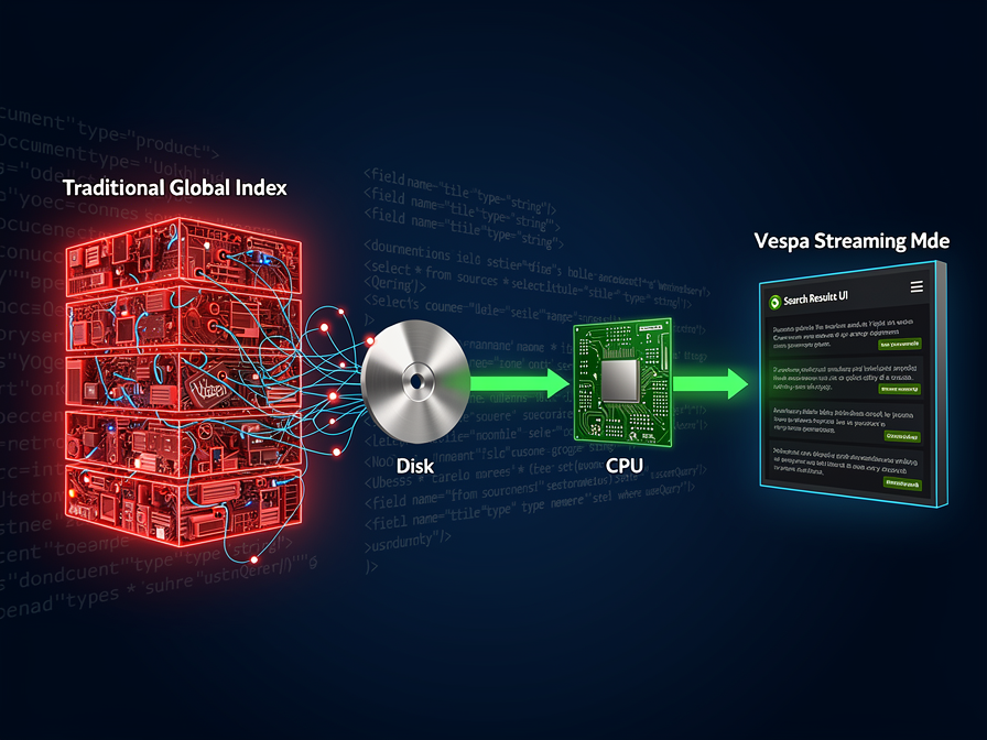 Architectural blueprint comparing the memory-heavy traditional indexed search vs the cost-efficient Vespa Streaming Mode with code snippets.